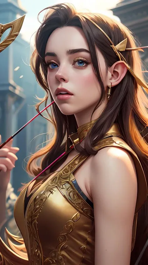 Billie Eilish as a fantasy elf with a bow and arrow, portrait, fantasy, intricate, elegant, highly detailed, digital painting, artstation, concept art, smooth, sharp focus, illustration, art by artgerm and greg rutkowski and alphonse mucha