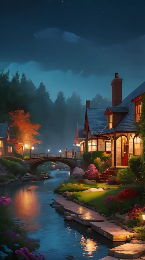 photorealistic victorian village in the style of thomas kinkade and tim white. hyperdetailed photorealism, 1 0 8 megapixels, river, amazing depth, glowing rich colors, powerful imagery, psychedelic overtones, 3 d finalrender, 3 d shading, cinematic lighting, artstation concept art
