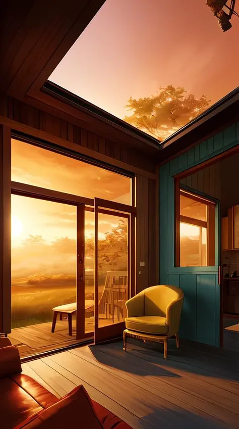 a highly detailed epic cinematic concept art CG render digital painting artwork: small family cabin House, modern archetecture, excessove vegetation, foggy, dreamy, golden hour sunset By Greg Rutkowski, in the style of Francis Bacon and Syd Mead and Norman Rockwell and Beksinski, open ceiling, highly detailed, painted by Francis Bacon and Edward Hopper, painted by James Gilleard, surrealism, airbrush, Ilya Kuvshinov, WLOP, Stanley Artgerm, very coherent, triadic color scheme, art by Takato Yamamoto and James Jean