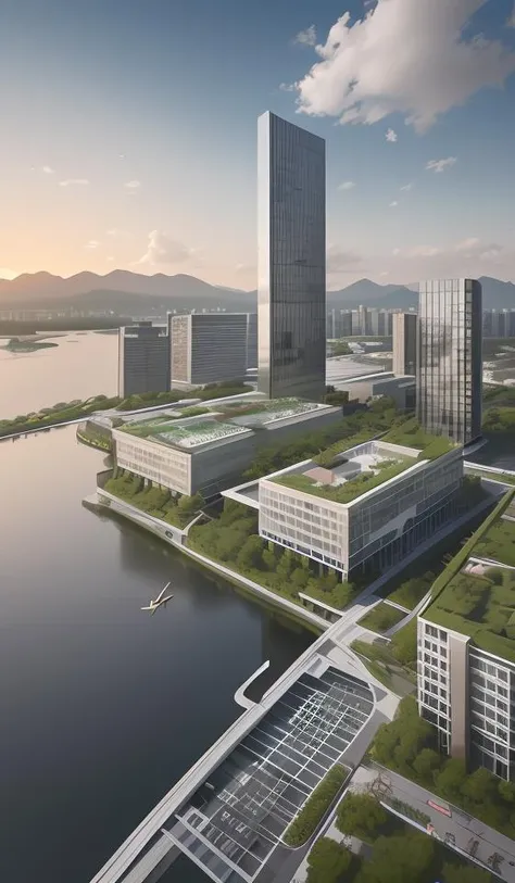 a beautiful rendering of a commercial district near by lake, rolling mountains, (low rise buildings with wood and green roofs near water), designed by SOM and OMA and SASAKI, [[a amazing museum designed by zaha near by water]], Headquarters of the world's top companies designed by apple, beautiful park and landscape in front of water with people activity, [abundant aquatic plants and birds and kayaks in river], [water sports], [[clear sky and sunlight]], [reflection], [[hyper detailed]], architecture rendering , modern architecture, 8k, vray render, [shenzhen China], [sunset], clouds, 35mm photography, urban design, [reality effect], Nature, [regular lines], simple geometry