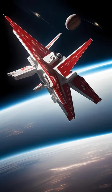 a (red and white:1.2) fighter starship flying in space,abstract dream, space, intricate, grand scale, alone, cinematic film still, insane detail, sharp focus, depth of field, realistic lighting, (realistic perspective), complex, (multiple subjects), 4k HDR,<lora:add_detail:0.5> <lora:more_details:0.25> <lora:20230530123038:0.25>