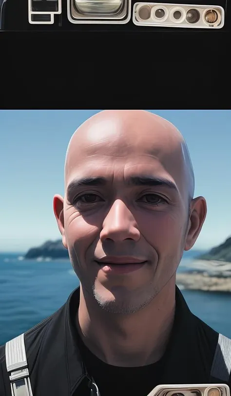 8k high quality, detailed, colorful analog photo, masterpiece, photorealistic, vibrant color film, masterclass, heavy (film grain), Fujicolor 400, Nikon F401,man in black clothes, bald, face, half body, body, high detailed skin, skin pores, coastline, overcast weather, wind, waves, portrait512 Cyborg512 Tay512, electronics, motors, wires, buttons, lcd,traditional media,abstract dream, space, intricate, grand scale, alone, cinematic film still, insane detail, sharp focus, depth of field, realistic lighting, (realistic perspective), complex, (multiple subjects), 4k HDR,<lora:add_detail:0.5> <lora:more_details:0.25> <lora:FantasyWorldV1:0.25>