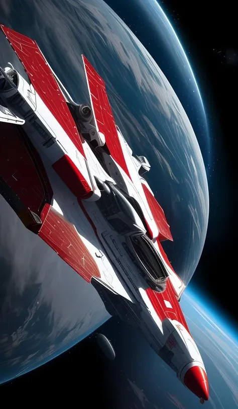 a (red and white:1.2) fighter starship flying in space,abstract dream, space, intricate, grand scale, alone, cinematic film still, insane detail, sharp focus, depth of field, realistic lighting, (realistic perspective), complex, (multiple subjects), 4k HDR,<lora:add_detail:0.5> <lora:more_details:0.25> <lora:20230530123038:0.25>