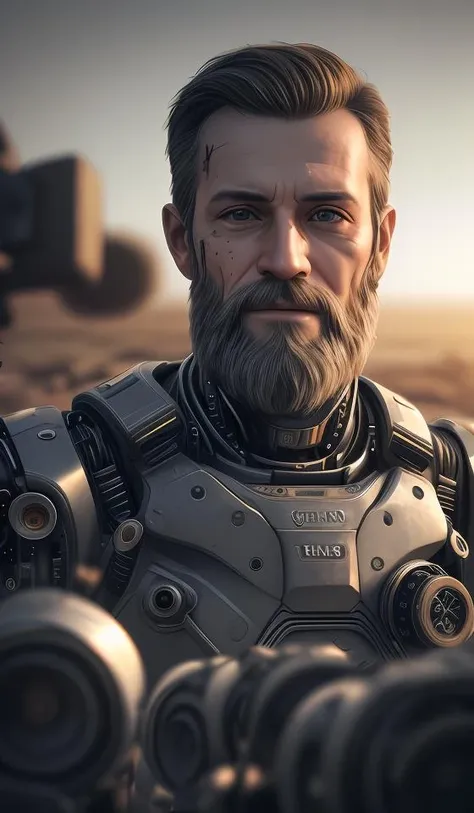 point at viewer,aim at viewer,handgun at viewer,intricate detail,men with long beard,Semi mechanical, solo,portrait512 Cyborg512 Tay512,electronics, motors, wires, buttons, lcd,,wasteland,ruin,dusty,dry,space, intricate, grand scale, alone, cinematic film still, insane detail, sharp focus, depth of field, realistic lighting, (realistic perspective), complex, (multiple subjects), 4k HDR, <lora:add_detail:0.5> <lora:more_details:0.25> <lora:FantasyWorldV1:0.25>