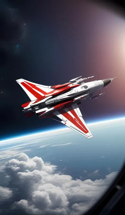 a (red and white:1.2) fighter starship flying in space,abstract dream, space, intricate, grand scale, alone, cinematic film still, insane detail, sharp focus, depth of field, realistic lighting, (realistic perspective), complex, (multiple subjects), 4k HDR,<lora:add_detail:0.5> <lora:more_details:0.25> <lora:20230530123038:0.25>