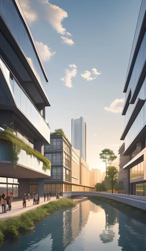 a beautiful rendering of a commercial district near by lake, rolling mountains, (low rise buildings with wood and green roofs near water), designed by SOM and OMA and SASAKI, [[a amazing museum designed by zaha near by water]], Headquarters of the world's top companies designed by apple, beautiful park and landscape in front of water with people activity, [abundant aquatic plants and birds and kayaks in river], [water sports], [[clear sky and sunlight]], [reflection], [[hyper detailed]], architecture rendering , modern architecture, 8k, vray render, [shenzhen China], [sunset], clouds, 35mm photography, urban design, [reality effect], Nature, [regular lines], simple geometry