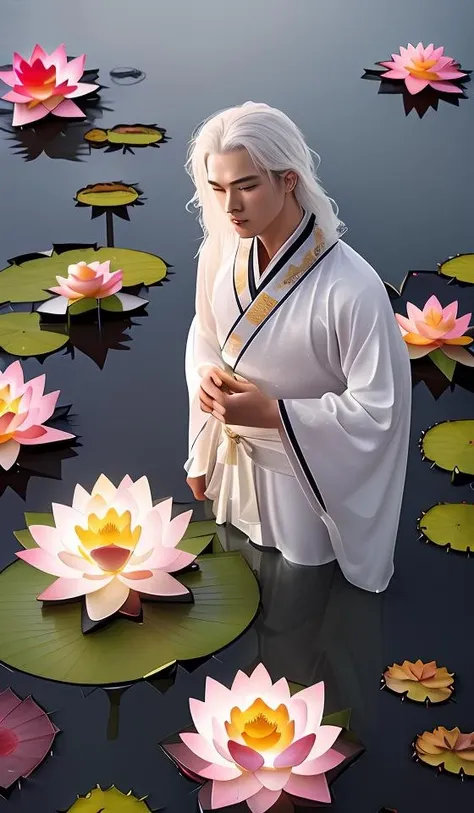 (best quality),(photo-realistic:1),realistic skin texture,bokeh,face focus,looking at viewer,from below,1man,male,long hair,white hair,full_body,slim body,upper body,Song Dynasty,gorgeous,Chinese hanfu,long sleeve,(floating Lotus:1.5),((((Lotus, Ice and Fire Lotus, Glowing Lotus))))