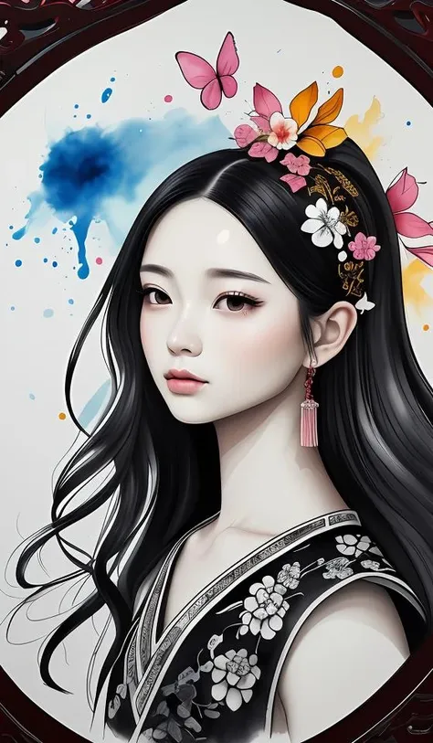 dramatic angle,(fluttered detailed ink splashs), (illustration),(((1 girl))),(long hair),(rain:0.6),(expressionless ,hair ornament:1.4),there is an ancient palace beside the girl,chinese clothes,(focus on), color Ink wash painting,(ink splashing),color splashing,((colorful)),[sketch], Masterpiece,best quality, beautifully painted,highly detailed,(denoising:0.7),[splash ink],yin yang