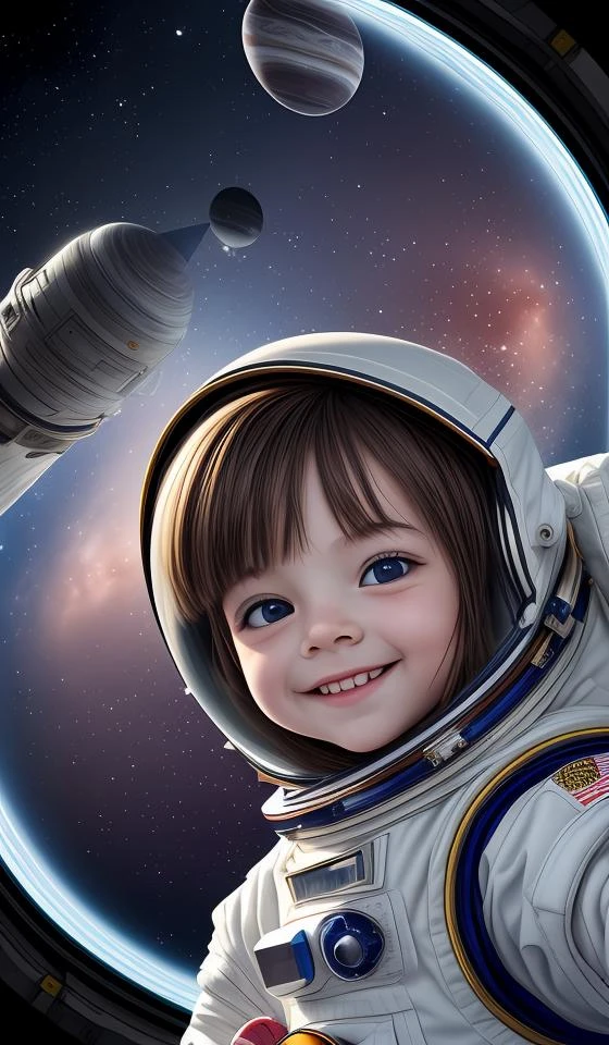 a cute with a round cherubic face, blue eyes, and short wavy light brown hair smiles as she floats in space with stars all around her. she is an astronaut, wearing a space suit. beautiful cartoon painting,abstract world, fantasy,abstract dream, space, intricate, grand scale, alone, cinematic film still, insane detail, sharp focus, depth of field, realistic lighting, (realistic perspective), complex, (multiple subjects), 4k HDR,<lora:add_detail:0.5> <lora:more_details:0.25> <lora:FantasyWorldV1:0.25>