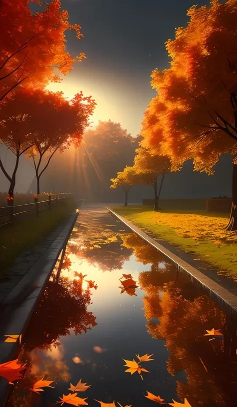 masterpiece,best quality,rain style,sunlight,light,puddle,beautiful lighting,blowing,reflection,autumn leaves,maple leaf,red particles,depth of field,forest,