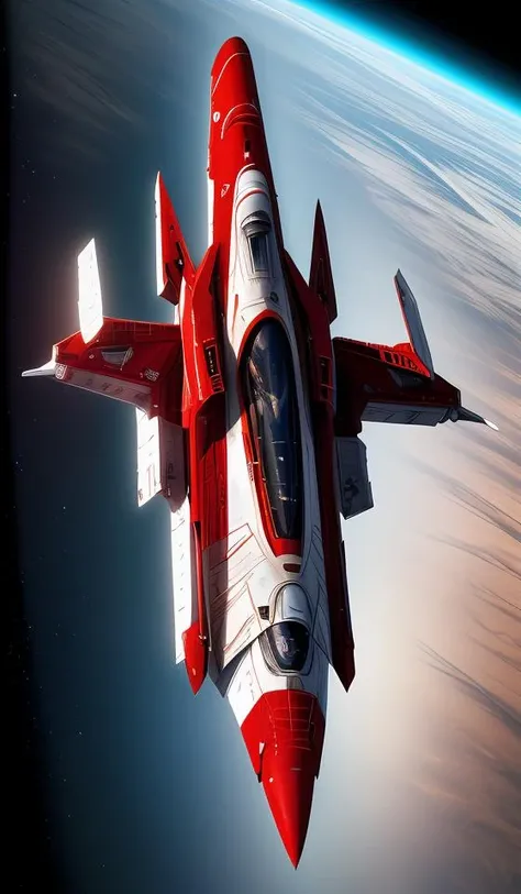 a (red and white:1.2) fighter starship flying in space,abstract dream, space, intricate, grand scale, alone, cinematic film still, insane detail, sharp focus, depth of field, realistic lighting, (realistic perspective), complex, (multiple subjects), 4k HDR,<lora:add_detail:0.5> <lora:more_details:0.25> <lora:20230530123038:0.25>