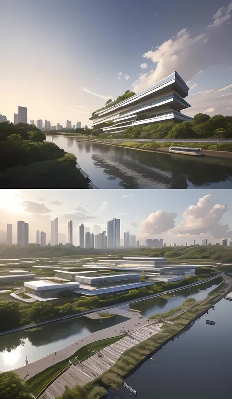 a beautiful rendering of a commercial district near by lake, rolling mountains, (low rise buildings with wood and green roofs near water), designed by SOM and OMA and SASAKI, [[a amazing museum designed by zaha near by water]], Headquarters of the world's top companies designed by apple, beautiful park and landscape in front of water with people activity, [abundant aquatic plants and birds and kayaks in river], [water sports], [[clear sky and sunlight]], [reflection], [[hyper detailed]], architecture rendering , modern architecture, 8k, vray render, [shenzhen China], [sunset], clouds, 35mm photography, urban design, [reality effect], Nature, [regular lines], simple geometry