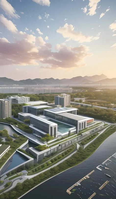 a beautiful rendering of a commercial district near by lake, rolling mountains, (low rise buildings with wood and green roofs near water), designed by SOM and OMA and SASAKI, [[a amazing museum designed by zaha near by water]], Headquarters of the world's top companies designed by apple, beautiful park and landscape in front of water with people activity, [abundant aquatic plants and birds and kayaks in river], [water sports], [[clear sky and sunlight]], [reflection], [[hyper detailed]], architecture rendering , modern architecture, 8k, vray render, [shenzhen China], [sunset], clouds, 35mm photography, urban design, [reality effect], Nature, [regular lines], simple geometry