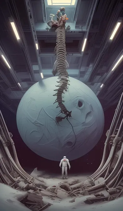 "realistic detailed image of an cosmonaut alone in the tundra next to whale skeleton in the style of Francis Bacon, Surreal, Norman Rockwell and James Jean, Greg Hildebrandt, and Mark Brooks, triadic color scheme, By Greg Rutkowski, in the style of Francis Bacon and Syd Mead and Edward Hopper and Norman Rockwell and Beksinski, open ceiling, highly detailed, painted by Francis Bacon, painted by James Gilleard, surrealism, airbrush, Ilya Kuvshinov, WLOP, Stanley Artgerm, very coherent, art by Takato Yamamoto and James Jean"
abstract dream, space, intricate, grand scale, alone, cinematic film still, insane detail, sharp focus, depth of field, realistic lighting, (realistic perspective), complex, (multiple subjects), 4k HDR,
<lora:add_detail:0.5> <lora:more_details:0.25> <lora:FantasyWorldV1:0.25>