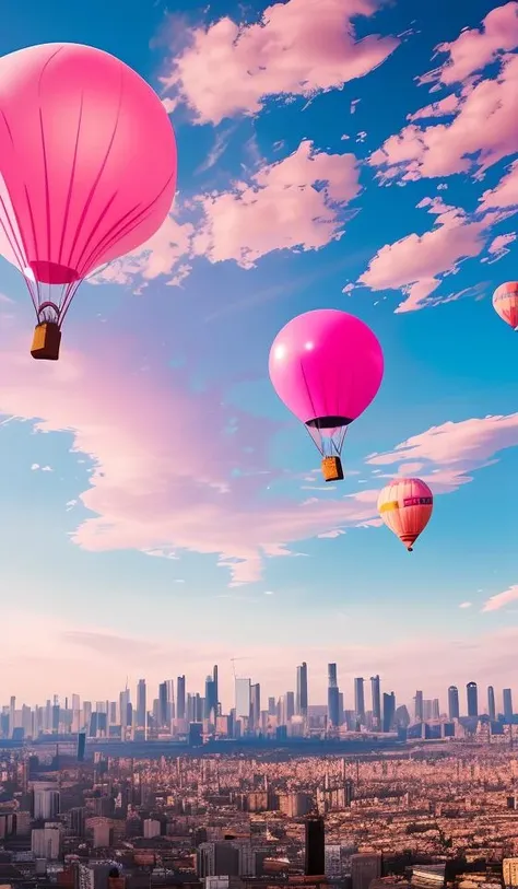 giant pink balloon,cities floating on balloons,magnificent clouds,pink theme,