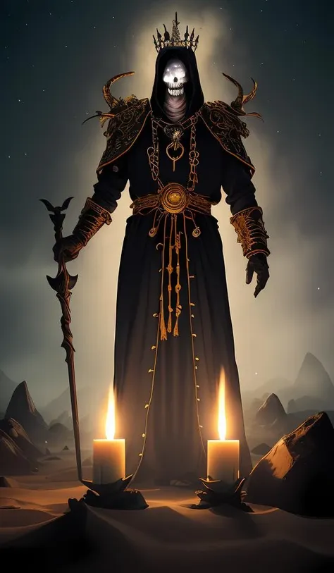 photo of a fearsome and magnificent corpse (god of death), sand tomb keeper, lord of the underworld, master of the secret arts, magician of doom, envoy of the shadows, bringer of despair and torment, scourge of the earth, ender of all, supreme being, almighty warlock, harbinger of calamity, herald of the void, the final force, demon overlord, dark monarch, ghastly monster, inescapable demise, ruler of the abyss, primeval fiend, eternal annihilator, the atrocity, grim ripper, origin of the sorrow, root of pain and misery, source of the darkness, hell personified, confident and proud, dignified and eminent, mighty old king with blank eyes wearing a large royal crown on and an ancient golden royal attire with decorations and white silk robes with sandals, holding an ancient ceremonial staff with multiple candles and large flames in his (corpse hands:1.35), flames above his shoulders, (bone accessories), chains, gemstones, standing in desert at night, looking directly at the viewer, dark, nighttime, midnight, (necromancy, undead, zombie, mummy, corpse, rotting body, rotting face, rotting flesh:1.2), [skeleton], a villain character, (powerful mage, omnipotent necromancer, a sorcerer, a lich), (nightmare, horror), flames of war, (sand, sand dunes, dust, mist), moonlight rays, starry sky, 8k uhd, dslr, sharp focus, soft lighting, (high quality, photorealistic, realism, hyperrealism), masterpiece, concept art, art photography, art nouveau, character art