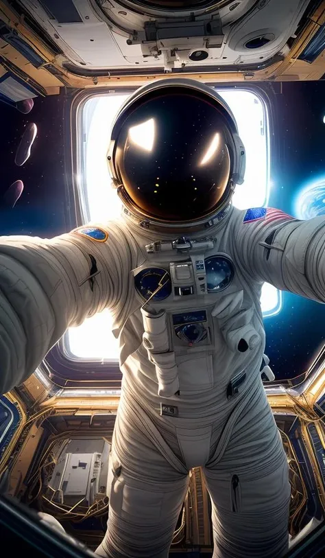 (photographic:1.3), (RAW photo:1.3), (ultra wide lens:1.3), (far shot:1.3), (selfie shot:1.3), (an astronaut taking selfie floating on space:1.3), (helmet on:1.3), (infinite space behind him:1.3), (no gravity:1.1), soft lighting, film grain, Fujifilm XT3, dslr, masterpiece, best quality, realistic, high-quality, realistic works, ultra-high details, 8k uhd, real skin material,abstract dream, space, intricate, grand scale, alone, cinematic film still, insane detail, sharp focus, depth of field, realistic lighting, (realistic perspective), complex, (multiple subjects), 4k HDR,<lora:add_detail:0.5>,<lora:more_details:0.25>,<lora:FantasyWorldV1:0.25>,