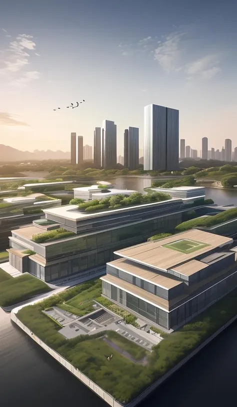 a beautiful rendering of a commercial district near by lake, rolling mountains, (low rise buildings with wood and green roofs near water), designed by SOM and OMA and SASAKI, [[a amazing museum designed by zaha near by water]], Headquarters of the world's top companies designed by apple, beautiful park and landscape in front of water with people activity, [abundant aquatic plants and birds and kayaks in river], [water sports], [[clear sky and sunlight]], [reflection], [[hyper detailed]], architecture rendering , modern architecture, 8k, vray render, [shenzhen China], [sunset], clouds, 35mm photography, urban design, [reality effect], Nature, [regular lines], simple geometry