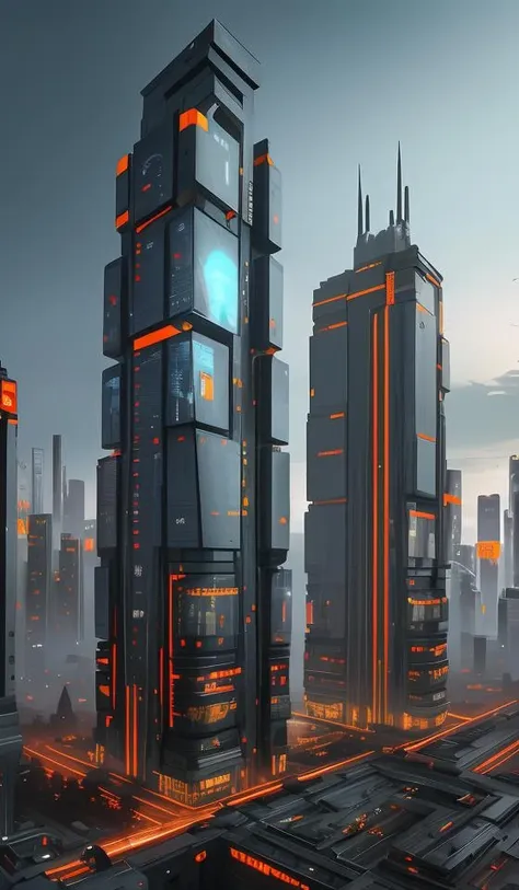 ((Best quality)),((masterpiece)),((realistic)),futuristic style,cyberpunk,skyscraper,metropolis,sense of science and technology,blue and orange tones,