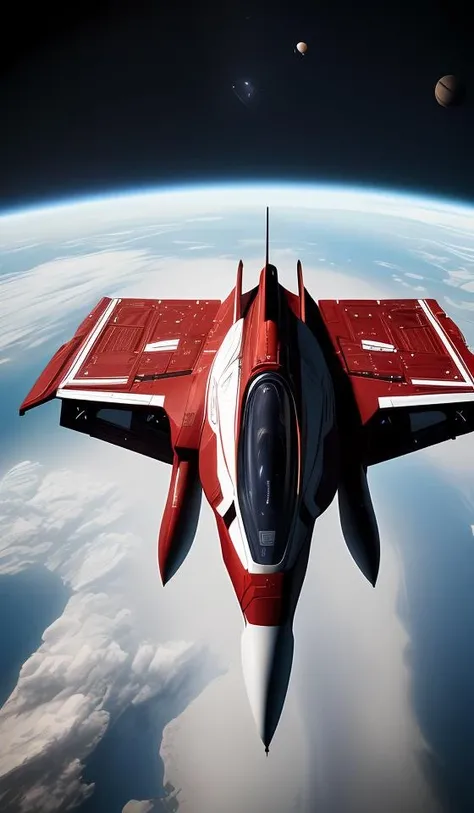 a (red and white:1.2) fighter starship flying in space,abstract dream, space, intricate, grand scale, alone, cinematic film still, insane detail, sharp focus, depth of field, realistic lighting, (realistic perspective), complex, (multiple subjects), 4k HDR,<lora:add_detail:0.5> <lora:more_details:0.25> <lora:20230530123038:0.25>