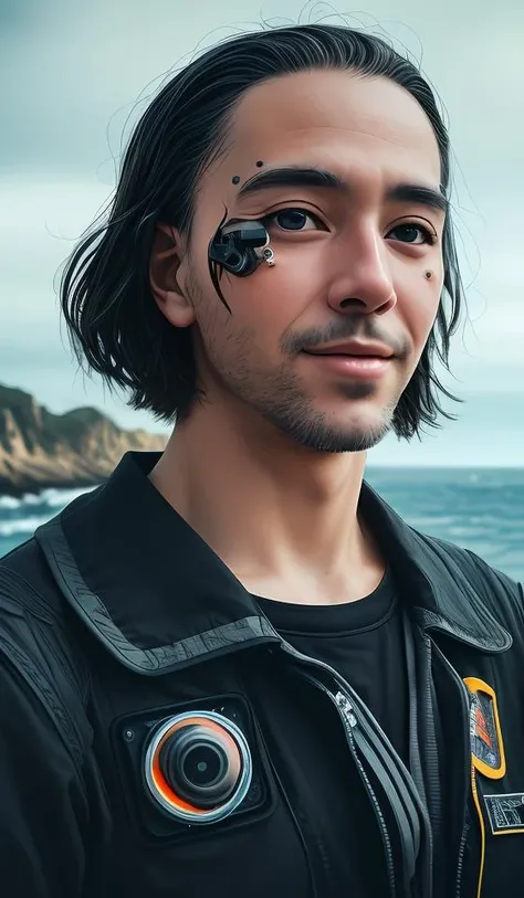 8k high quality, detailed, colorful analog photo, masterpiece, photorealistic, vibrant color film, masterclass, heavy (film grain), Fujicolor 400, Nikon F401,man in black clothes, bald, face, half body, body, high detailed skin, skin pores, coastline, overcast weather, wind, waves, portrait512 Cyborg512 Tay512, electronics, motors, wires, buttons, lcd,traditional media,abstract dream, space, intricate, grand scale, alone, cinematic film still, insane detail, sharp focus, depth of field, realistic lighting, (realistic perspective), complex, (multiple subjects), 4k HDR,<lora:add_detail:0.5> <lora:more_details:0.25> <lora:FantasyWorldV1:0.25>