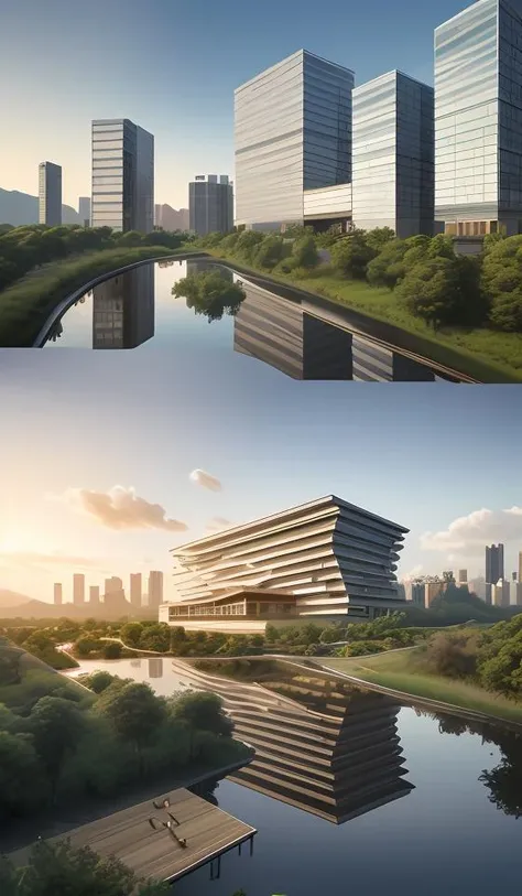 a beautiful rendering of a commercial district near by lake, rolling mountains, (low rise buildings with wood and green roofs near water), designed by SOM and OMA and SASAKI, [[a amazing museum designed by zaha near by water]], Headquarters of the world's top companies designed by apple, beautiful park and landscape in front of water with people activity, [abundant aquatic plants and birds and kayaks in river], [water sports], [[clear sky and sunlight]], [reflection], [[hyper detailed]], architecture rendering , modern architecture, 8k, vray render, [shenzhen China], [sunset], clouds, 35mm photography, urban design, [reality effect], Nature, [regular lines], simple geometry
