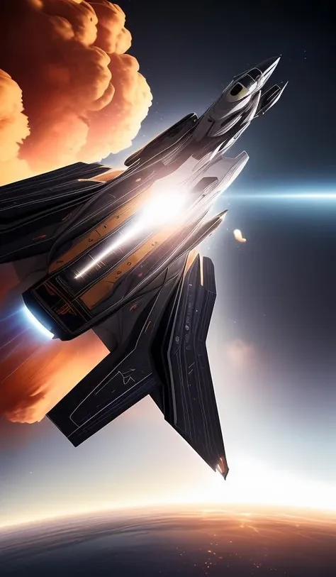 a matte black fighter starship, (flying away from an explosion:1.4), cinematic lens flare, bloom, dynamic lighting, massive fireball, 4k vfx,abstract dream, space, intricate, grand scale, alone, cinematic film still, insane detail, sharp focus, depth of field, realistic lighting, (realistic perspective), complex, (multiple subjects), 4k HDR,<lora:add_detail:0.5> <lora:more_details:0.25> <lora:20230530123038:0.25>