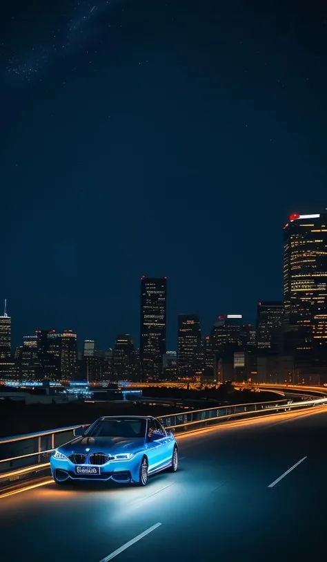 a bmw car, night city, epic photo, highly detailed, masterpiece, blue neon lights, cinematic angle, best quality, solo, bokeh, pixiv, depth of field