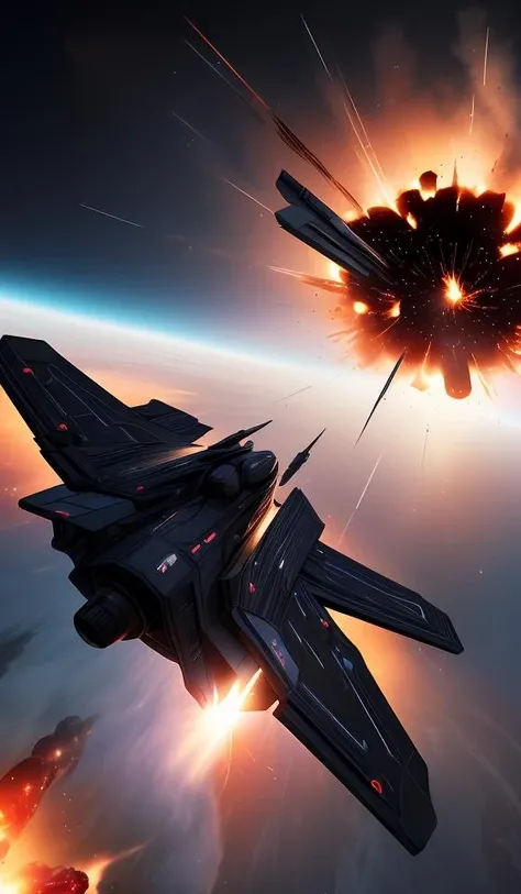 a matte black fighter starship, (flying away from an explosion:1.4), cinematic lens flare, bloom, dynamic lighting, massive fireball, 4k vfx,abstract dream, space, intricate, grand scale, alone, cinematic film still, insane detail, sharp focus, depth of field, realistic lighting, (realistic perspective), complex, (multiple subjects), 4k HDR,<lora:add_detail:0.5> <lora:more_details:0.25> <lora:20230530123038:0.25>