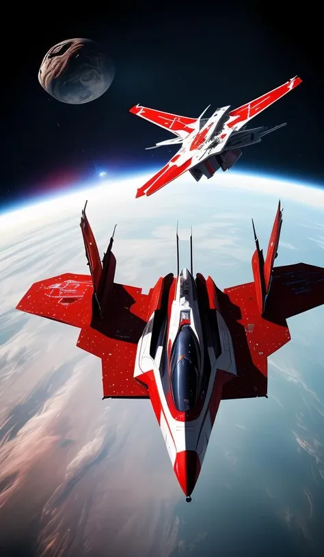 a (red and white:1.2) fighter starship flying in space,abstract dream, space, intricate, grand scale, alone, cinematic film still, insane detail, sharp focus, depth of field, realistic lighting, (realistic perspective), complex, (multiple subjects), 4k HDR,<lora:add_detail:0.5> <lora:more_details:0.25> <lora:20230530123038:0.25>