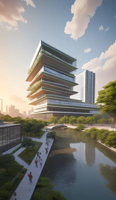 a beautiful rendering of a commercial district near by lake, rolling mountains, (low rise buildings with wood and green roofs near water), designed by SOM and OMA and SASAKI, [[a amazing museum designed by zaha near by water]], Headquarters of the world's top companies designed by apple, beautiful park and landscape in front of water with people activity, [abundant aquatic plants and birds and kayaks in river], [water sports], [[clear sky and sunlight]], [reflection], [[hyper detailed]], architecture rendering , modern architecture, 8k, vray render, [shenzhen China], [sunset], clouds, 35mm photography, urban design, [reality effect], Nature, [regular lines], simple geometry