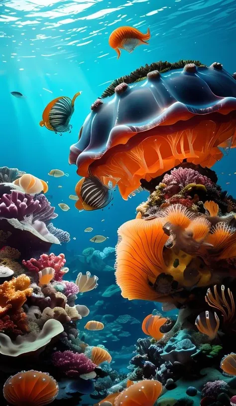 a giant city under the sea,architecture,blue spot,many pure jellyfish,orange light,