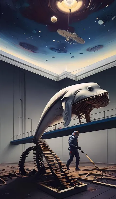 "realistic detailed image of an cosmonaut alone in the tundra next to whale skeleton in the style of Francis Bacon, Surreal, Norman Rockwell and James Jean, Greg Hildebrandt, and Mark Brooks, triadic color scheme, By Greg Rutkowski, in the style of Francis Bacon and Syd Mead and Edward Hopper and Norman Rockwell and Beksinski, open ceiling, highly detailed, painted by Francis Bacon, painted by James Gilleard, surrealism, airbrush, Ilya Kuvshinov, WLOP, Stanley Artgerm, very coherent, art by Takato Yamamoto and James Jean"
abstract dream, space, intricate, grand scale, alone, cinematic film still, insane detail, sharp focus, depth of field, realistic lighting, (realistic perspective), complex, (multiple subjects), 4k HDR,
<lora:add_detail:0.5> <lora:more_details:0.25> <lora:FantasyWorldV1:0.25>