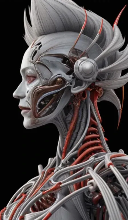 8K, fire ,red, flame,,explosion, , highly detailed, a beautiful ultra detailed of a beautiful profile, biomechanical cyborg,deamon 1mechanical girl,((ultra realistic details))woman with all ruby red dress, fantasy,, fantasy, intricate, elegant, highly detailed, , sharp focus, illustration,red black hole, MCSkin complex 3d render ultra detailed of a beautiful profile, biomechanical cyborg, analog, 150 mm lens, beautiful natural soft rim light, big leaves and stems, roots, fine foliage lace, colorful details, samourai, Boris Bidjan Saberi outfit, pearl earring, piercing, art nouveau fashion embroidered, intricate details, mesh wire, mandelbrot fractal, anatomical, facial muscles, cable wires, microchip, badass, hyper realistic, ultra detailed, octane render, volumetric lighting, 8k post-production, red and white with a bit of black, detailled metalic bones, semi human, iridescent colors, Glenn Brown style, white room,(art by David Sims:1.3),,<lora:LowRA:.9>dark theme