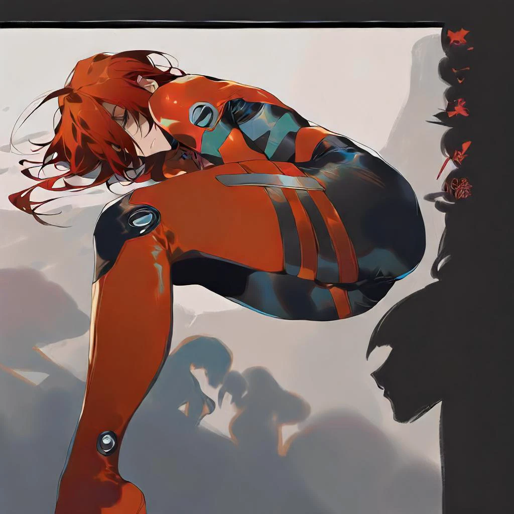 masterpiece, best_quality,illustration by hle, beautiful mature female,low angle,from below,alluring thighs,<lora:asuka_832SDXL000:0.8>, souryuu asuka langley, shaded face, silhouette, eyeliner, drop shadow, red hair, full body, latex_bodysuit, plugsuit , <lora:outline_xl_end:1.25> , <lora:reikoXL128dim:1.0> , <lora:MikaPikazoXLV1:0.5>