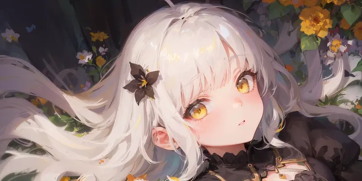 Cinematic, Fancy effects, Petite, Intricate details, Solo, 1 girl, Small girl, (White hair + Curved bob : 1.2), Detailed yellow eyes, Large hip, Black gothic dress, Lying, Flower garden, (Close up on face:1.0), Ultra wide shot