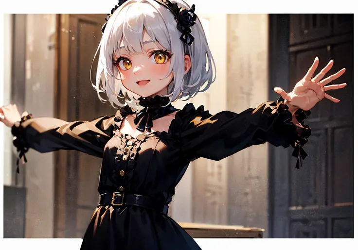 Cinematic, Fancy effects, Petite, Intricate details, 1 girl, Solo, Small girl, (Medium curved bob, White hair : 1.2), Detailed yellow eyes, (Detailed face:1.2), Medium breasts, Black frilled dress, Smile, Standing, Spread arms