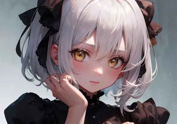 Cinematic, Fancy effects, Petite, Intricate details, 1 girl, Solo, Small girl, (Medium curved bob, White hair : 1.2), Detailed yellow eyes, (Detailed face:1.2), Medium breasts, Black frilled dress, Standing, (Hands on own cheeks:1.2), Close up on face