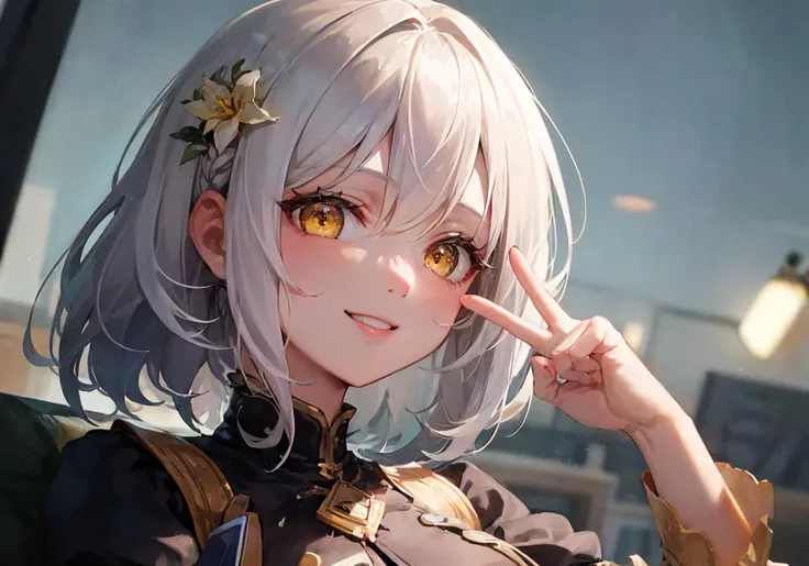 Cinematic, Fancy effects, Petite, Intricate details, 1 girl, Solo, Small girl, (Medium curved bob + White hair : 1.2), Detailed yellow eyes, (Detailed face:1.2), Medium breasts, White over-sized T-shits, V-sign, Smile