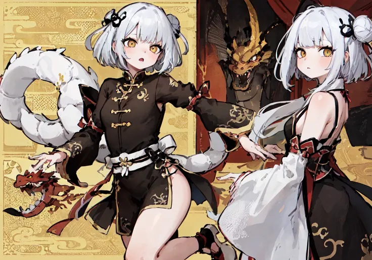 Cinematic, Fancy effects, Petite, Intricate details, 1 girl, Solo, Small girl, (Medium curved bob + White hair : 1.2), Detailed yellow eyes, (Detailed face:1.2), Medium breasts, Black china-dress, Standing on one leg, Knee up, Martial arts, (Golden oriental dragon on background:1.4), Wide shot