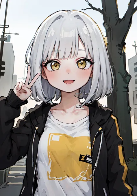 Cinematic, Fancy effects, Petite, Intricate details, 1 girl, Solo, Small girl, (Medium curved bob + White hair : 1.2), Detailed yellow eyes, (Detailed face:1.2), Medium breasts, White naked T-shirt, Forest, Smile, V-sign