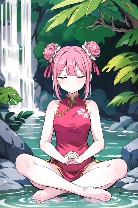 <lora:add_detail:0.6>, 1 girl, Solo, (Pink hair, Medium hair, Double hair buns: 1.2), Medium breasts, Red china dress, Closed eyes, Sitting cross legged, Meditating under a waterfall