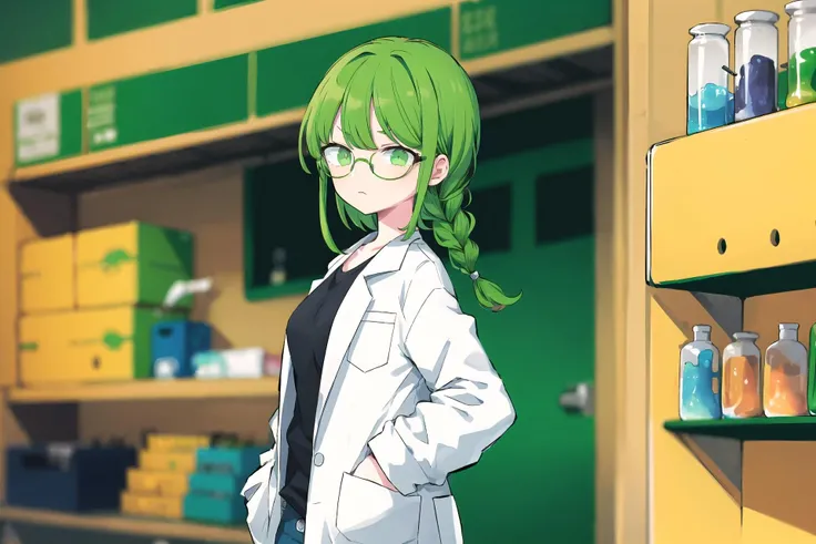 <lora:add_detail:0.6>, 1 girl, Solo, (Green hair, Medium hair, Single braid: 1.2), Emerald eyes, Medium breasts,Round glasses, Lab coat, Black T-shirt, Jeans, Hands in pocket, (Serious face:1.2), Test tubes, Colorful liquid