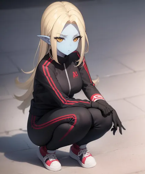 <lora:Hyura-NAI-LyCORIS-512px-merged:0.65>
hhra, 1girl, solo, squatting, wearing black track_suit, sneakers, yellow eyes, colored skin
