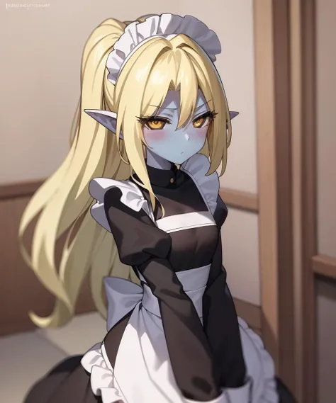 <lora:Hyura-NAI-LyCORIS-512px-merged:0.65>
hhra, 1girl, standing, v_arms, wearing (maid outfit, maid headdress), blush, colored skin, yellow eyes