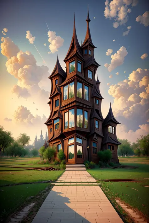 (Award Winning Professional 3D rendering:1.3) of gothbuilding style, Architectural digest photo of a maximalist house,CGSociety,ArtStation