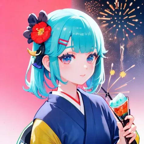 flatflower, 1girl, solo, shaved ice, fireworks, twintails, food, hair ornament, blue eyes, kimono, japanese clothes, blush, holding, flower, bangs, pink kimono, upper body, hairclip, looking at viewer, floral print, pink flower, aqua hair,blue hair, hair flower,  gradient background, gradient, aerial fireworks <lora:flatflower-loha-000009:0.7>