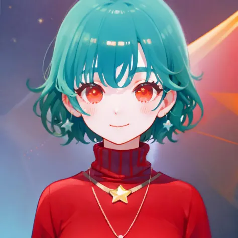 flatflower, 1girl, solo, smile, short hair, star (symbol), jewelry, red sweater, necklace, green hair, blush, red eyes, aqua hair, looking at viewer, ufo, sweater, red shirt, upper body, bangs, portrait <lora:flatflower-loha-000009:0.75>