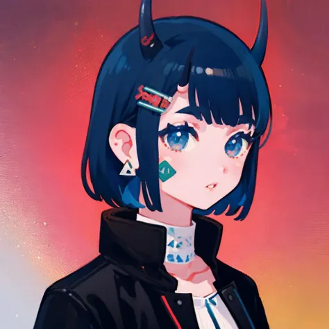 flatflower, solo, 1girl, horns, hair ornament, blue hair, hairclip, bangs, jewelry, looking at viewer, earrings, triangle, blue eyes, portrait, bandaid, oni horns, upper body, parted lips, jacket, medium hair <lora:flatflower-loha-000009:0.75>