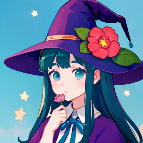 flatflower, solo, flower, 1girl, long hair, hat, short sleeves, witch hat, blue eyes, holding, shirt, upper body, pink flower, holding flower, leaf, aqua eyes, green hair, hand up,  star (symbol), blue headwear<lora:flatflower-loha-000009:0.7>